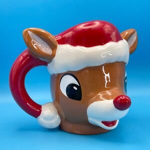 Bioworld Rudolph the Red-Nosed Reindeer Mug Brown Santa Hat Ceramic Figural
